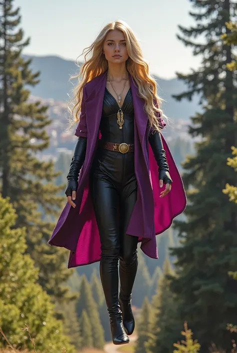 A blonde girl with her hair down her ass. She wears an outfit similar to that of the Scarlet Witch in shades of purple and black. She's levitating in the air. Behind her a forest with the city behind. It levitates loudly and the day is sunny and bright