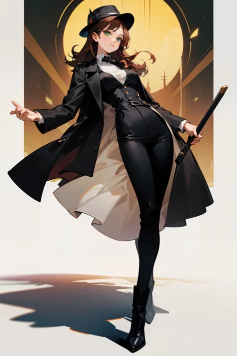 1 woman, detective office, thirty years old, auburn hair, green eyes, medium breasts, tall, black trilby, black trench coat, white dress shirt, black vest, black pants, black ankle boots, full body, masterpiece quality 