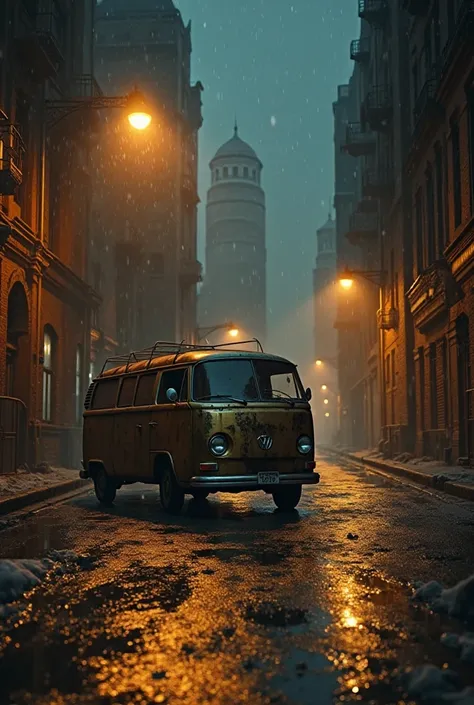 A Van, at night in an alley the light of a pole rises, city, cold, wet floor