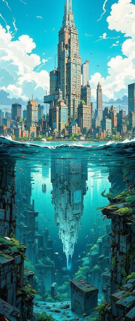 Cyberpunk,the ruins of a skyscraper protrude above sea level only at the top,Submerged Ruins,concrete ruins sinking into the sea,seawater erodes,crack,Pre-war buildings,Waterweed,Wave,blue sky,cloud