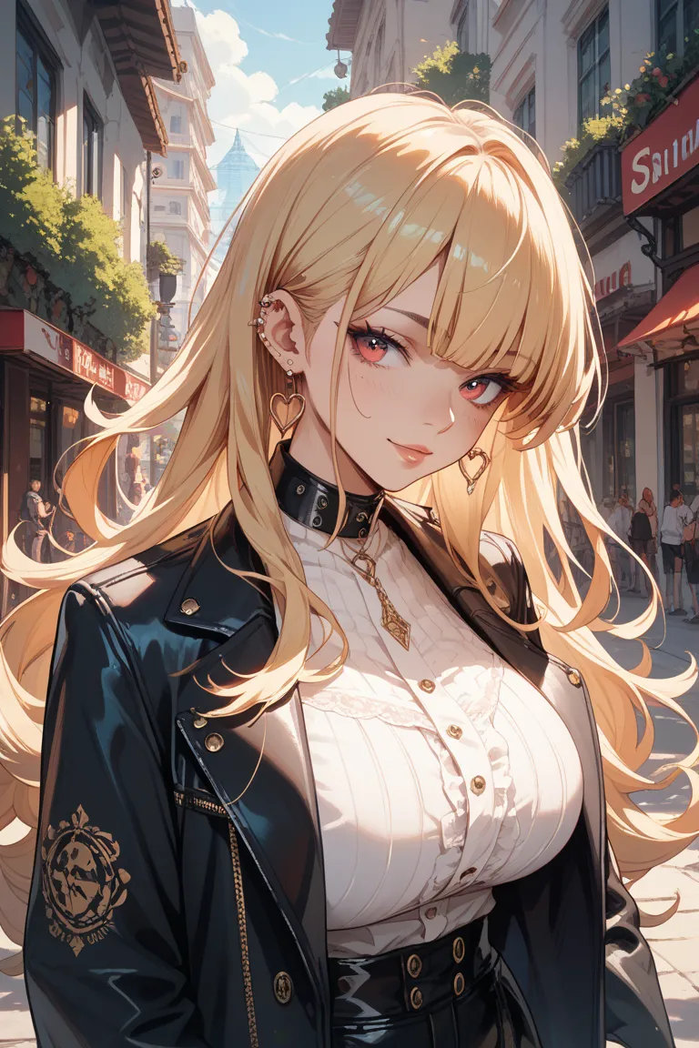 Blonde long perm with bangs, red piercings, black jacket, big breasted older sister, anime style