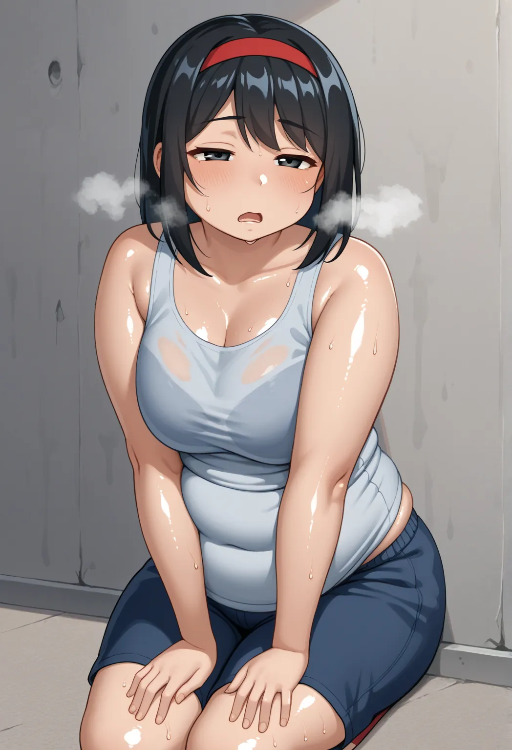 KPYoriGirl, score_9, 1girl, solo, outdoors, in school, oversized gray tanktop, blue shorts, bending ovet pose, tired, half body, sweaty, out of breath, dripping sweat, wet with sweat, open mouth, hands on knees, chubby, slightly obese, black hair, red hand...