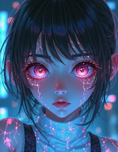 a anime cyberpunk art style image of a girl close up she has beautifull face and have neaon glow on her face