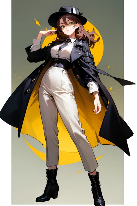 1 woman, detective office, thirty years old, auburn hair, green eyes, medium breasts, tall, black trilby, black trench coat, white dress shirt, black vest, black pants, black ankle boots, full body, masterpiece quality, office 