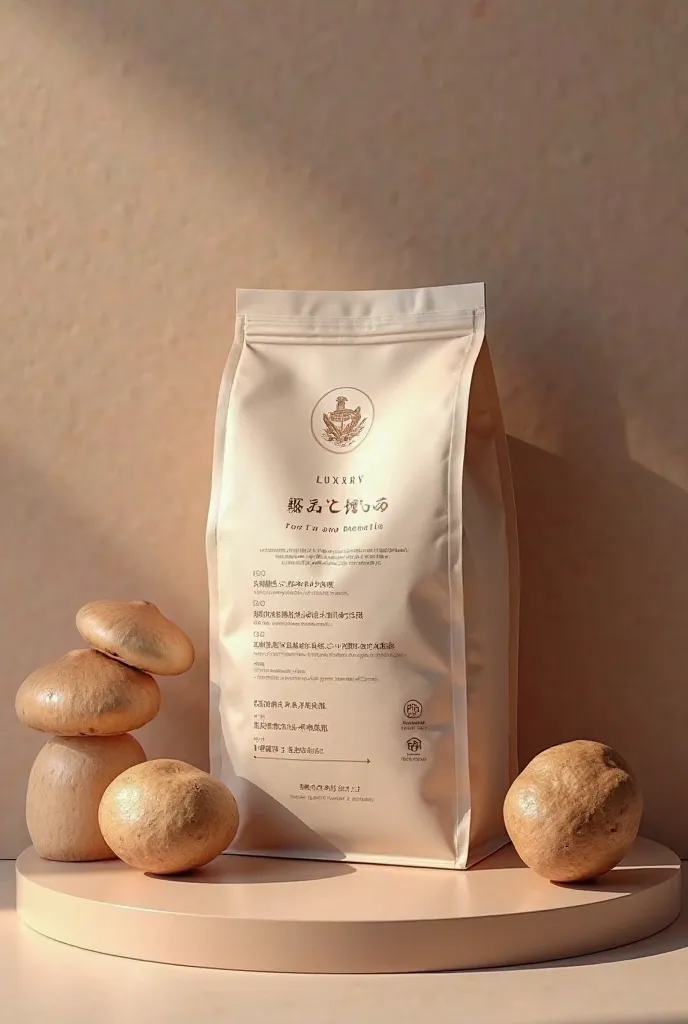 a luxury mushroom coffee bag, 7 different benefits, high quality, professional, ultra-detailed, realistic coffee bag of 250g. Put the 7 benefits in front of