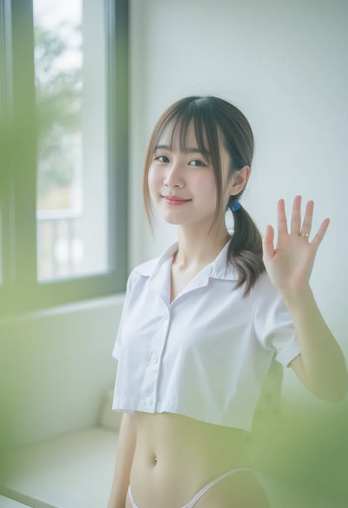 Thai high-school girl with blunt bang hair, tied in a low ponytail with a small navy ribbon. She wears a white school shirt, light-colored simple underwear visible beneath her subtle shirt. She is smiling shyly and waving towards the camera, as if greeting...