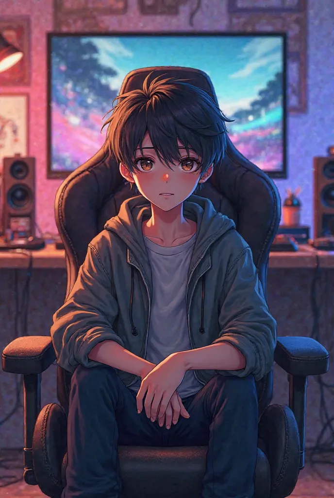 A handsome anime boy, stand face,sit in gaming chair, background like youtube setup 