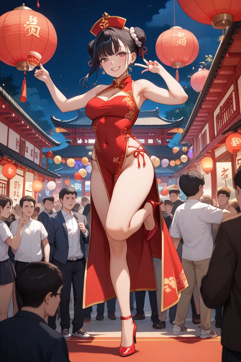 Black hair bun, red china dress, red high heels,black satin bikini,big smile,athlete body shape, stand on one leg, Y-shaped balance,he looks like a gymnast,crotch is open,Chinese room in Chinatown,Late Night,There are multiple fat grandpas,crowd,party