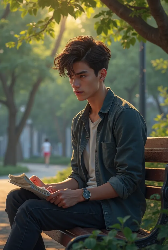 A young man sitting on a bench with rejection papers in hand, looking disappointed but determined.