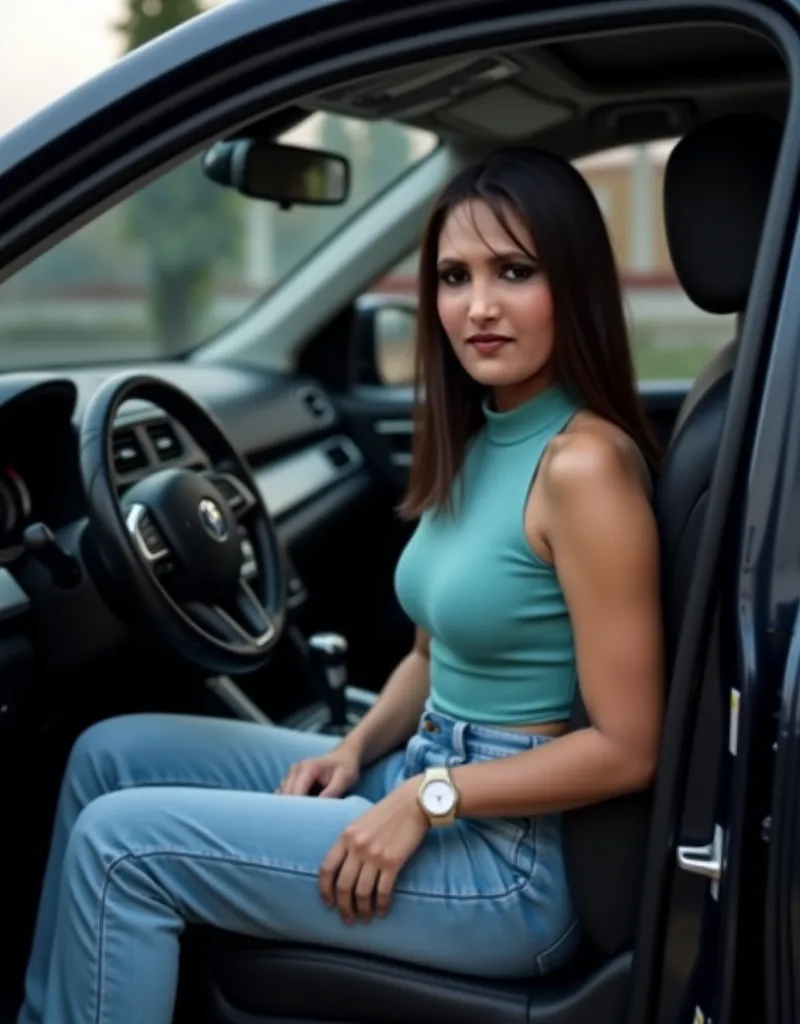 Young woman, likely in her late s or early twenties, of South Asian descent, seated in a car.  Light-medium tan skin tone.  She's wearing a light teal-blue, sleeveless, one-piece jumpsuit, likely a bodysuit, with a slightly open/cut-out detail.  Light wash...