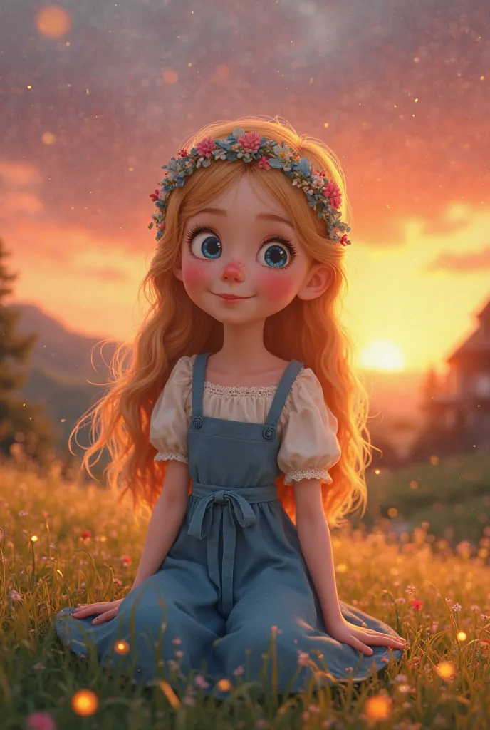 "A young girl with big blue eyes and bright pink cheeks wears a vintage blue cooking outfit with puffed white sleeves and lace trim. Her long, straight blonde hair falls to her middle back and is accessorized with an intricate floral headband. Animation
."...