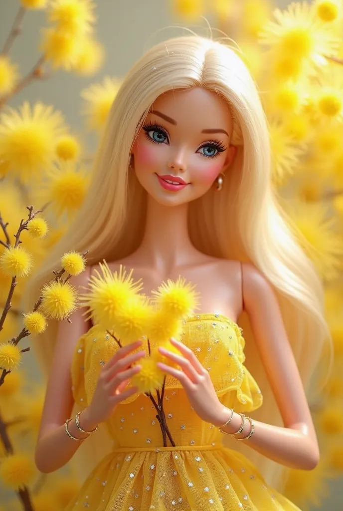 Barbie has a yellow acacia dealbata mimosa plant in her hand
