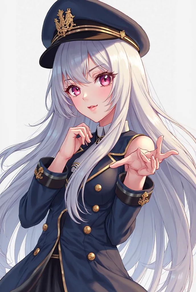 Anime girl with long white hair and a black captain hat doing poses