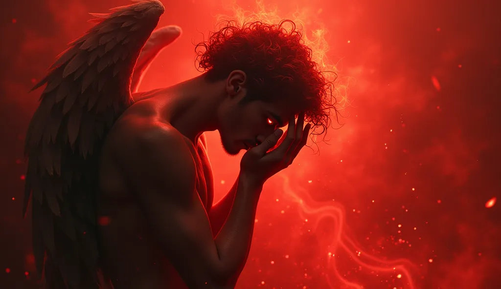 Mysterious male angel bows his head with his hands hugging his face. the fiery red faces with the glint of blood, The whole body shone with the aura, Red background  