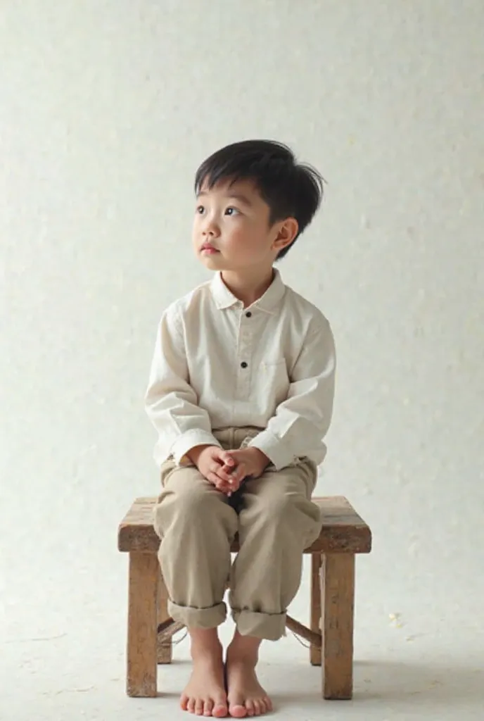 Generate a asian white boy sitting on a wood chair with white background 