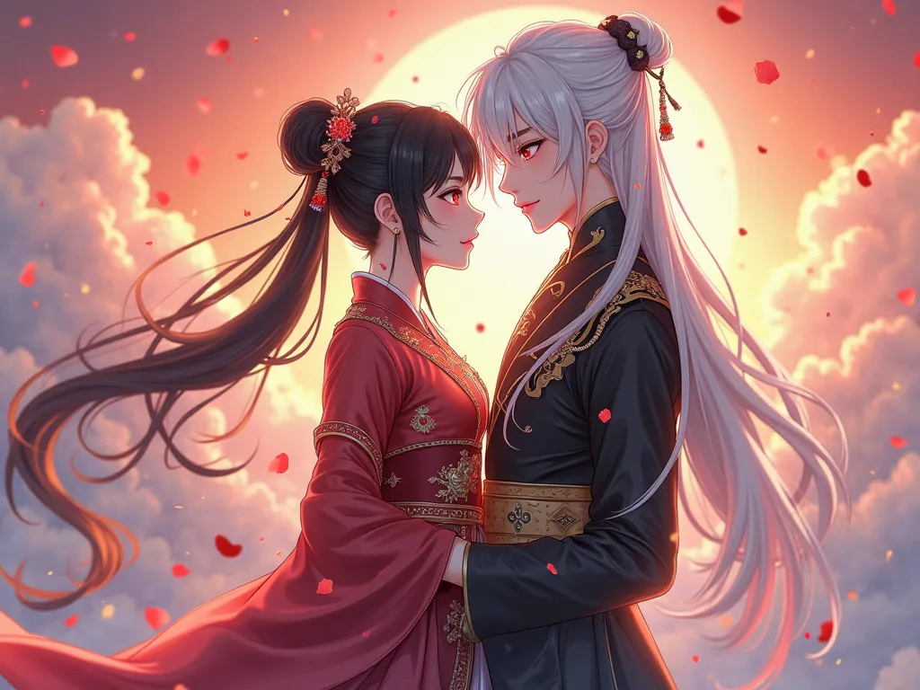 Chinese Otome game art, soft lighting, intricate details  
[Girl] Black twin buns past waist, ruby-red eyes with amber cores, three-petal ruby mark on forehead, Tang-style crimson hanfu with gold waist chains, crystallized jade hairpin  
[Man] Frost-white ...