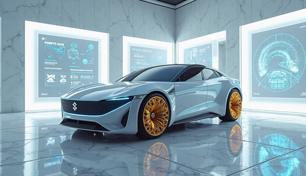 The model is wea"A futuristic Maruti Suzuki Baleno 2026 model, floating inside a sci-fi showroom with white neon light panels embedded in the floor and walls. The car is in mid-air, supported by an advanced anti-gravity display system. The Baleno features ...