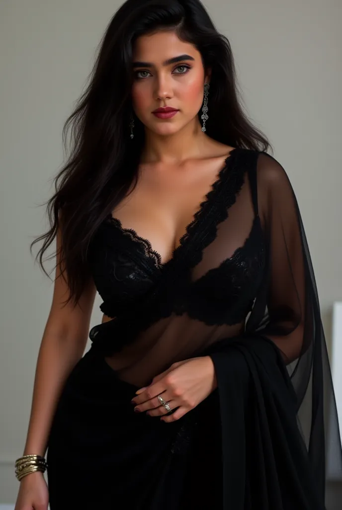 Desi girl named jenifer connely , in black saree,long black wavy hair, big breasts, curved figure 