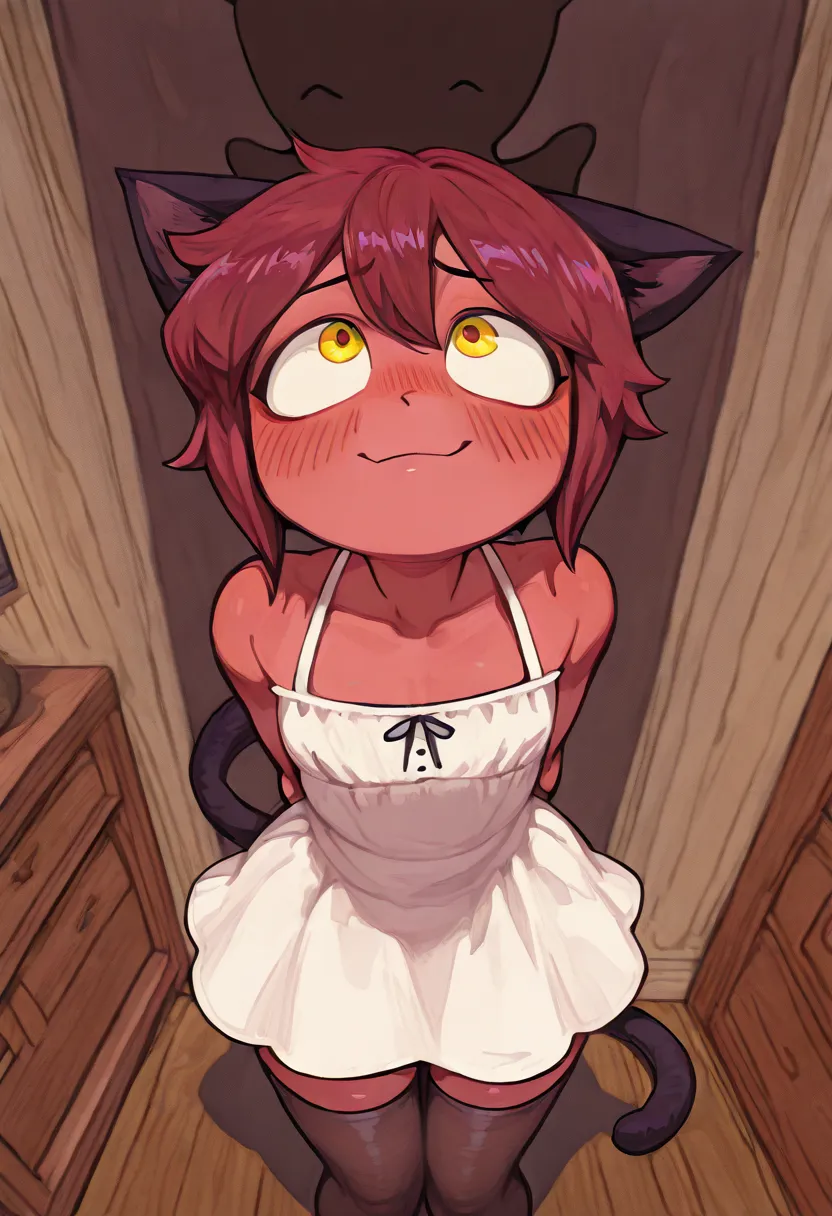 1 boy, dark red wool,   red short hair , purple mystical patterns,  yellow eyes, cat ears,  Cat Tail, white dress, black stockings, flat chest, woman's body and face, room, hands behind your back,  Looking up , falling shadow, another person's shadow, Viol...