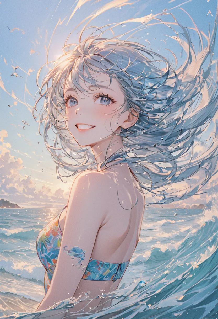  beautiful girl，On the theme of the summer sea，art，advertisement，Colored pencil drawing，draft 、 cute swimsuit,　beautiful face、digital art, surreal, dynamic composition、long hair fluttering in the wind、smile、masterpiece、Ultra High Precision、portrait、Top Qua...