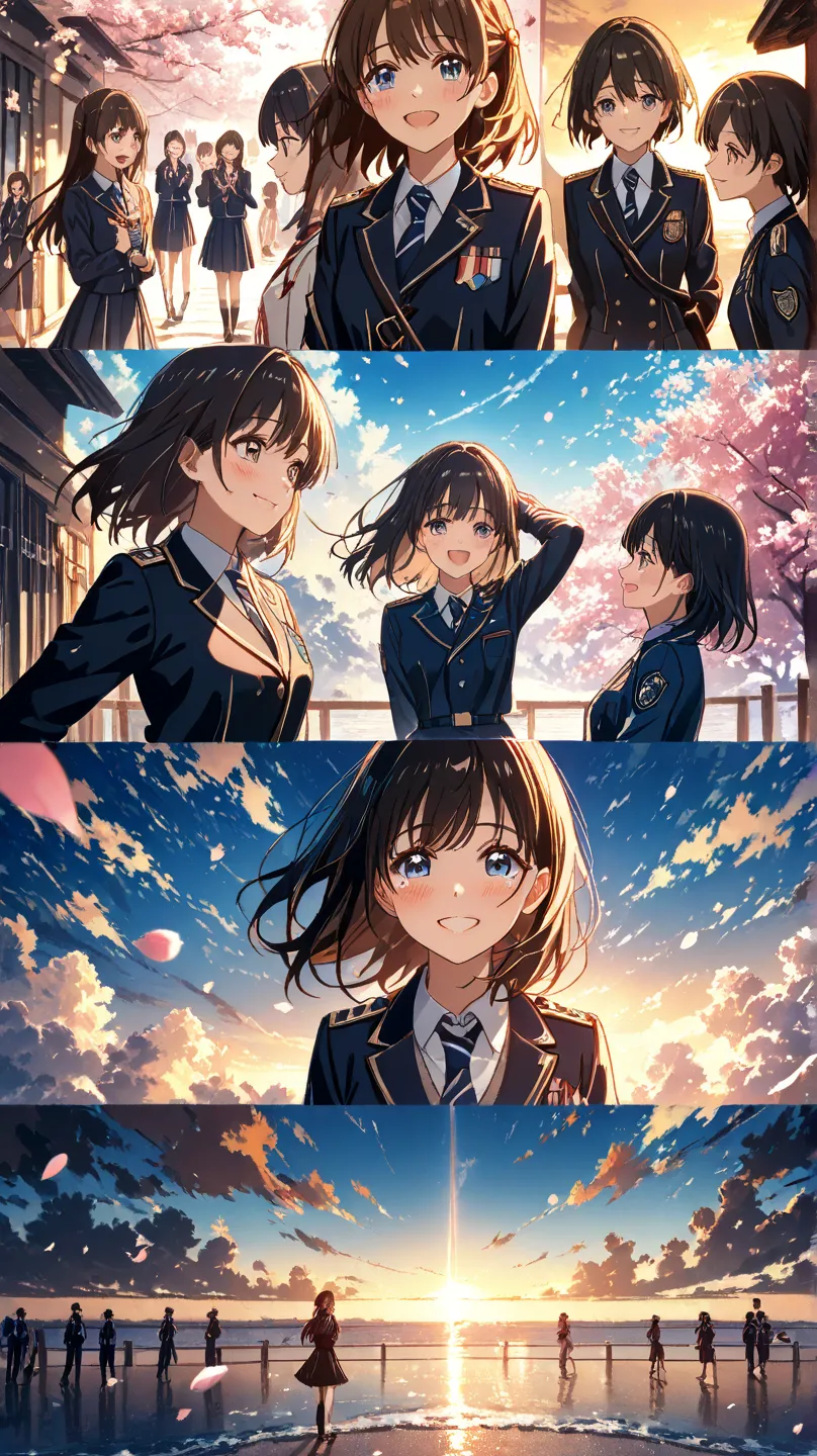 Graduation at dusk 、has a moving and nostalgic atmosphere。In front of the school gate、students with diplomas exchange high fives and hugs with each other、has an expression full of hope for the future。the students are smiling and watching over them while sh...