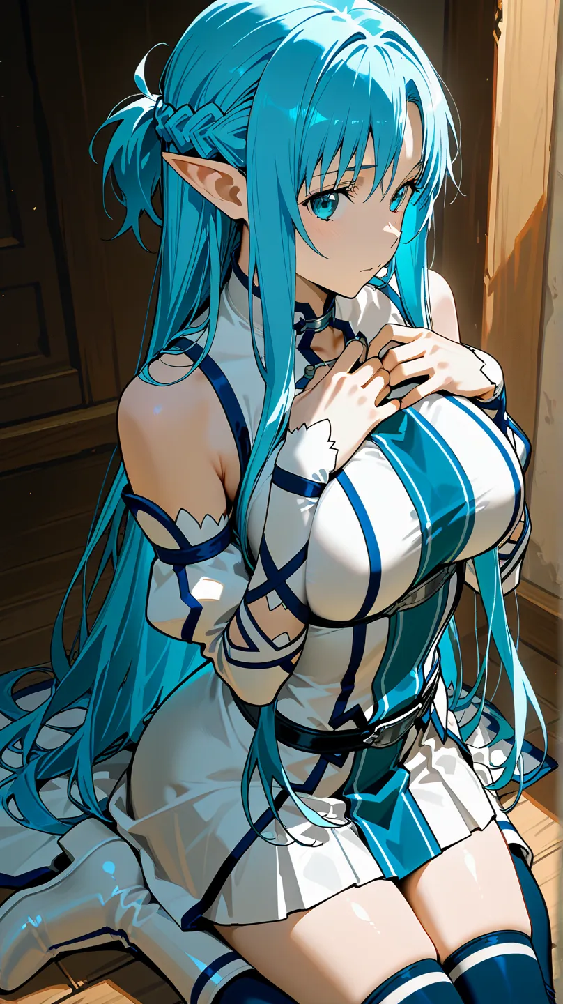 ccasuna, long hair, blue hair, braid, blue eyes, pointy ears, Firm big breasts, two-tone dress, white dress, detached sleeves, blue thighhighs、 White long boots, 