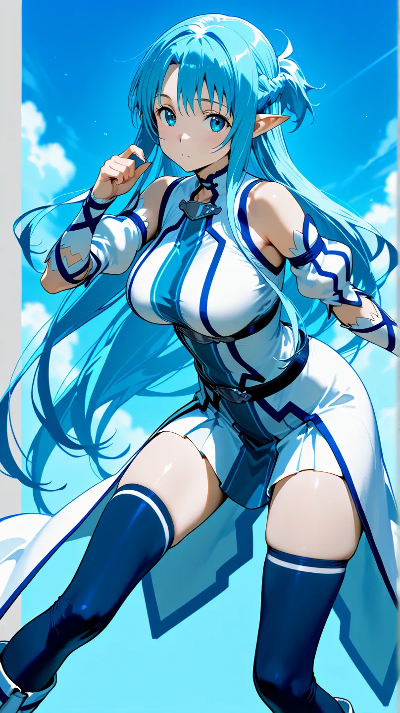 ccasuna, long hair, blue hair, braid, blue eyes, pointy ears, Firm big breasts, two-tone dress, white dress, detached sleeves, blue thighhighs、 White long boots, 