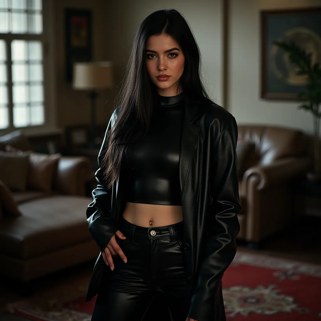 Realistic HDR noisy picture of a 18 year old girl, she smirks with subtle smile, pitch black longer side part, she is wearing a long black leather cardigan that fall to the ground, leather pants and leather high neck top, leather has rough and very much vi...