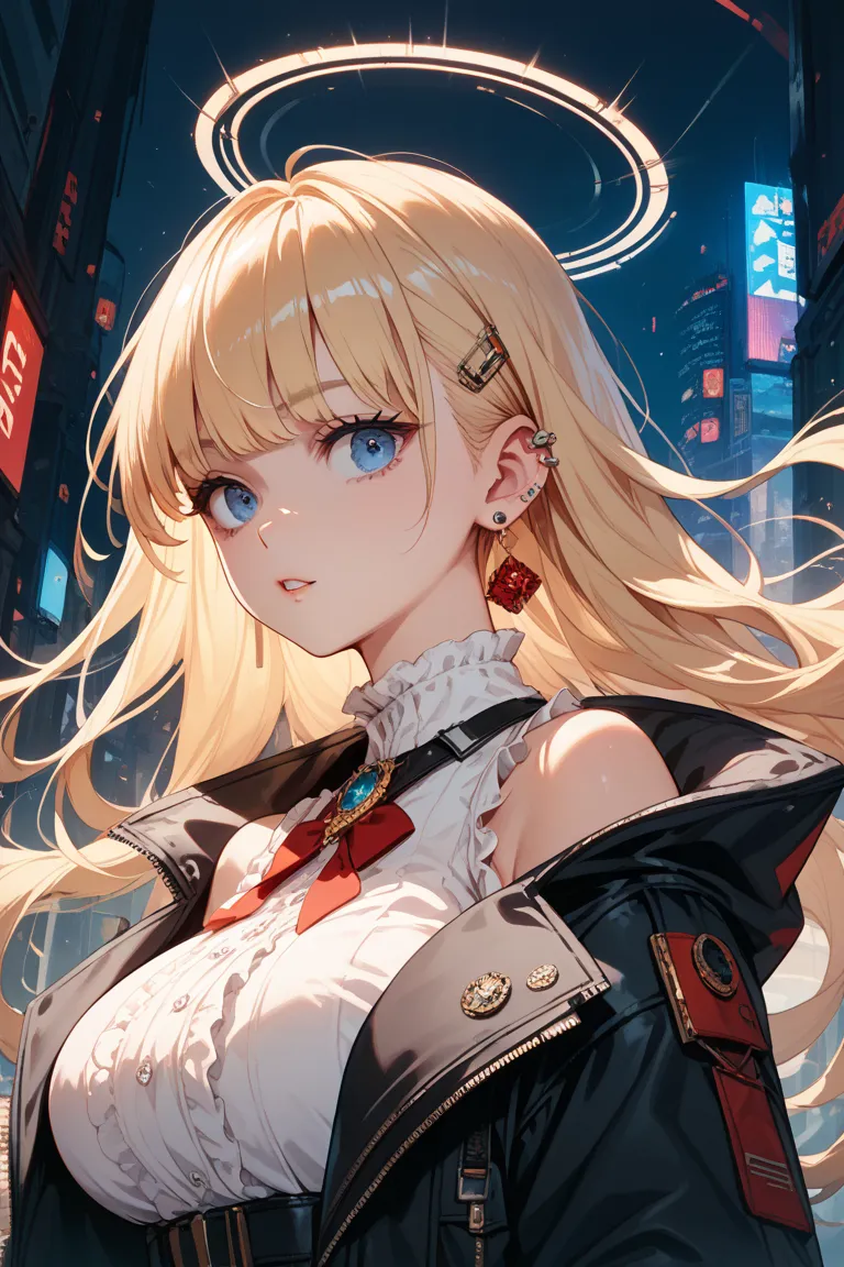 Blonde long perm with bangs, narrow eyes, blue eyes, white blouse, black jacket, red piercings, big breasts, kind older sister, anime style, near future