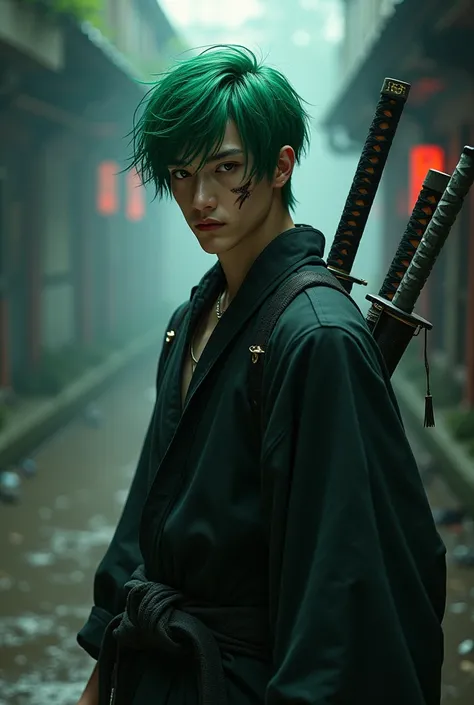 21-year-old man with green hair 
And a scar on one eye and three katanas