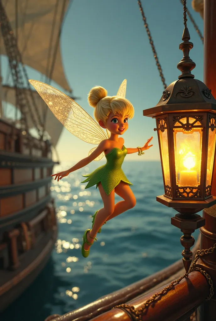 Tinker Bell Fairy, comme dans le dessin animé, Flying next to a lantern, sur un bateau de pirate