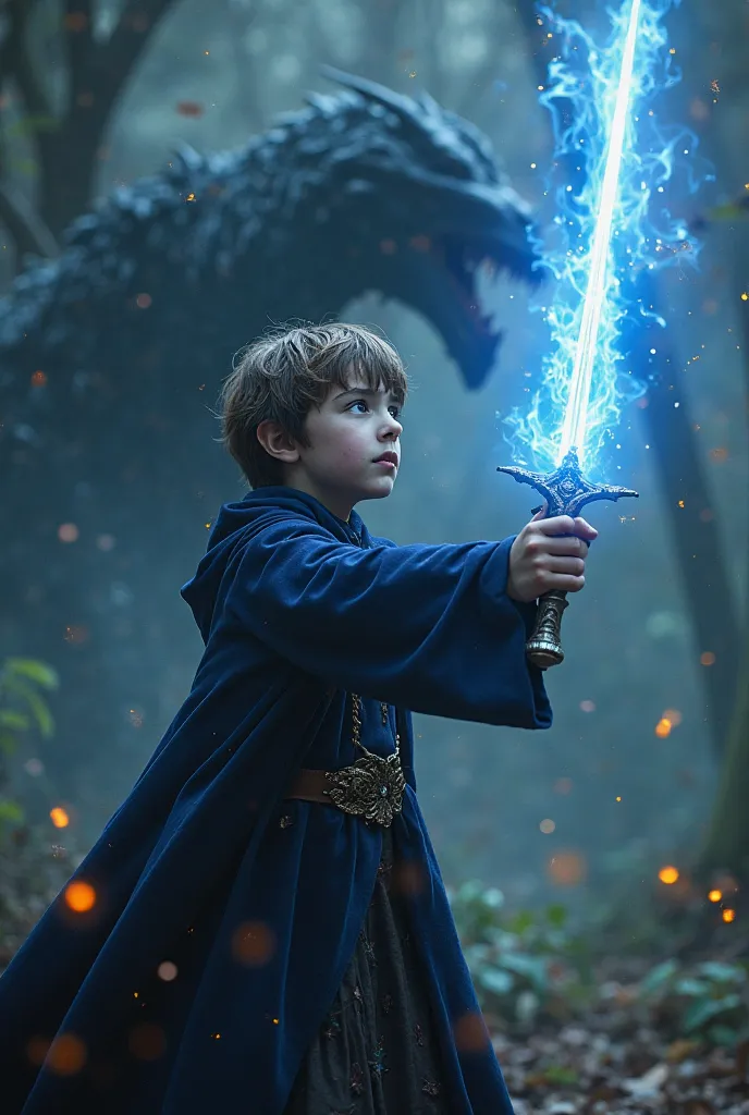 a young wizard with the sword of dignity in the eternal blue flame. a dark wizard with a sweet but brave face. a big magic wand. the background is very blurry. but you see a kind of dragon. blurry. you also see magic flying around. a lot of action. a fight...