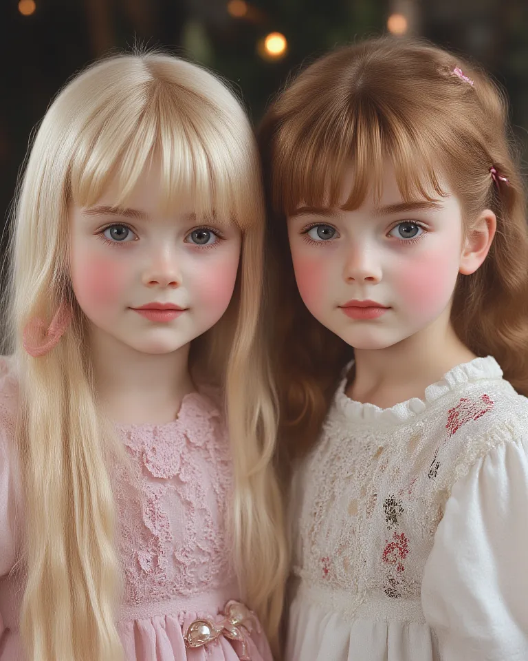 Realistic 4k photo of TWO BEAUTIFUL LITTLE  GIRLS , white porcelain skin, light blue eyes, blushed cheeks, They are Russians. She is a girl with bangs and long straight BLACK hair with a red ribbon and A GIRL WITH LONG BLOND HAIR. They are adorable long ha...