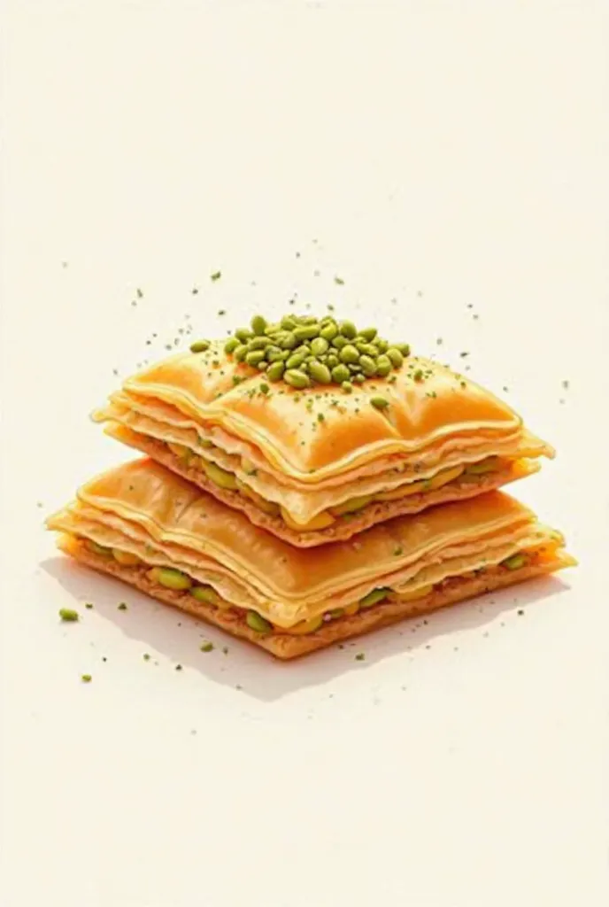 Design a high-quality, professional vector icon of traditional Middle Eastern dessert, resembling kunafa or baklava pieces stacked neatly. The dessert pieces should have a realistic texture with a crispy, golden-brown crust and hints of fine pistachio dust...