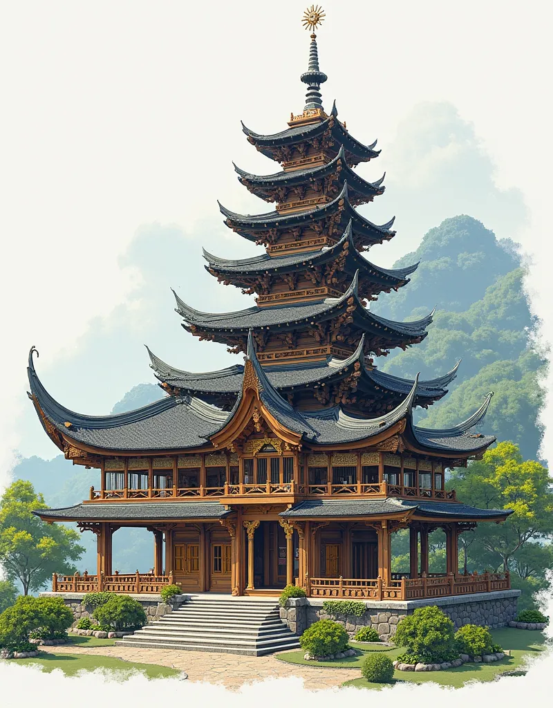 Make me a sketch of a building that combines two acculturations of Balinese and Japanese building cultures. Make a sketch of the building in 3D