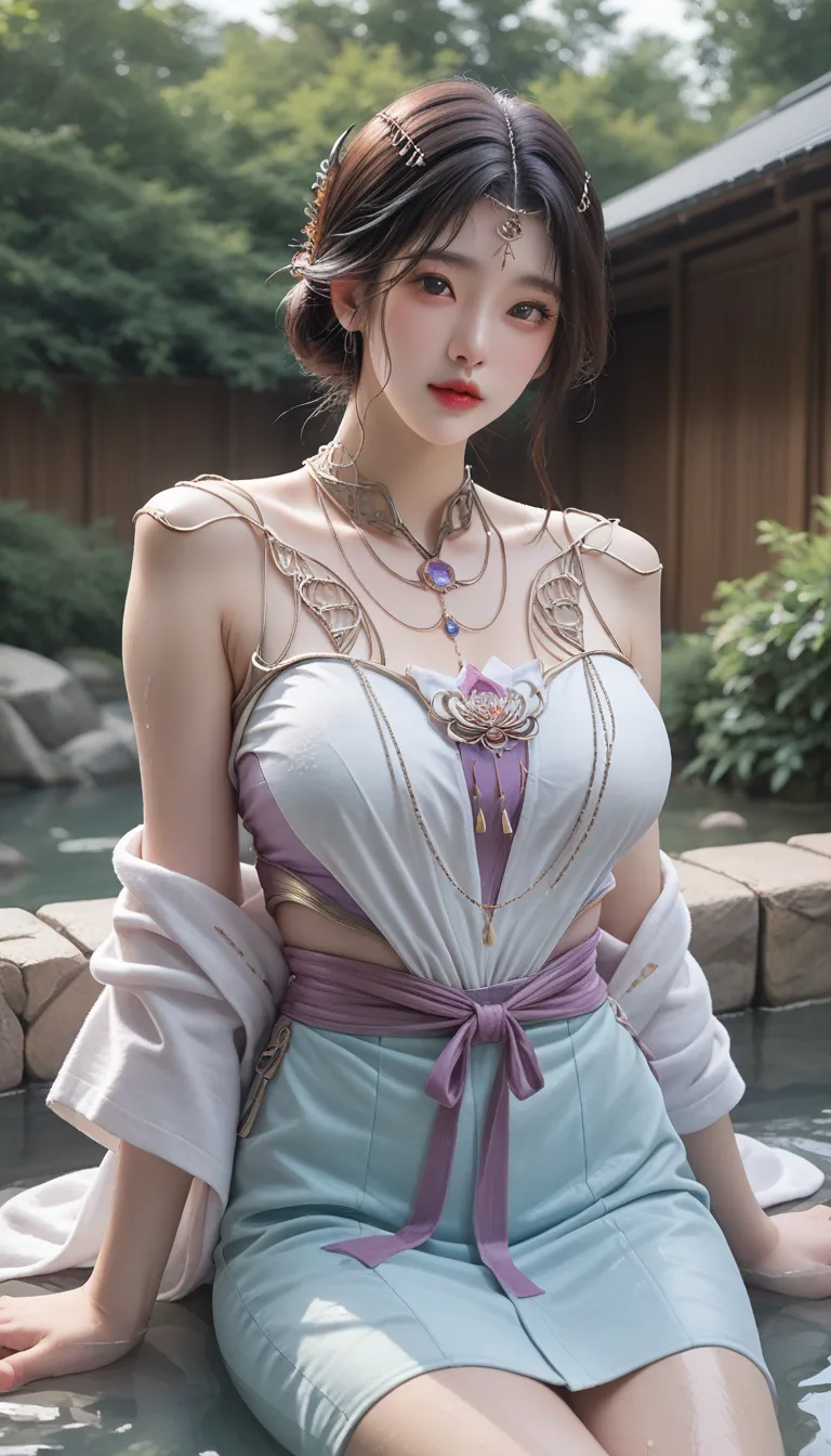     realistic,   medium bust 、((  plain Japanese face  )) ,    A cute and sexy woman is wearing a towel ((He's taking an open-air bath   ))、  wet skin、  Night outdoor bath   、hot spring、( curvy body )、 Cover your chest with a towel