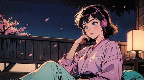 City Pop,  tatami, Beautiful Tokyo Night, minimalist, clean, quiet, beautiful girl, alone, 1980s, retro, 21 years old, beautiful woman, black eyes, Wearing large headphone, Relax, Apology loneliness,  cherry blossoms at night, sitting、I'm wearing clothes f...