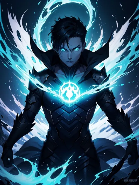 An epic image in the style art featuring animated manhwa style fierce young man with imperial atmosphere in mystical designed streamlined body-con black armor, short black hair. his hands is manipulating vibrant blue elemental magic. Blue ethereal aura swi...