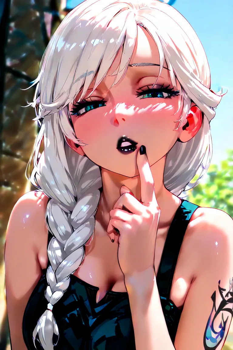 Domination expression, 1 girl, elsa \(frozen\), look down, black outfit, black lipstick, white hair, shoulder length hair, long hair, one braid, bare shoulder,  Beautiful face, queen face, blue eyes, blue eyeliner,  half-closed eyes, smile, one finger on t...