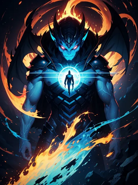 An epic image in the style art featuring animated manhwa style fit muscular young man with imperial atmosphere in mystical designed streamlined body-con black armor, short black hair. his hands is manipulating vibrant blue elemental magic. Blue ethereal au...