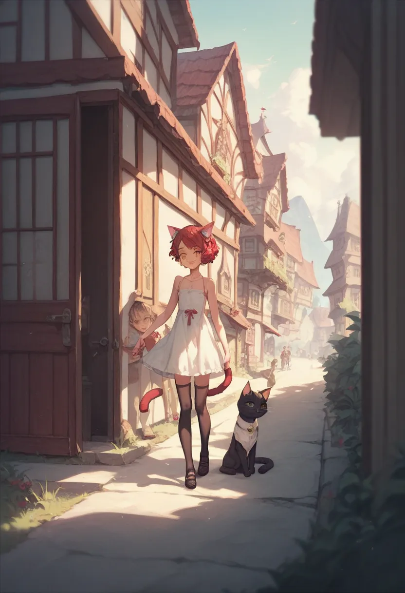 1 boy, dark red wool,   red short hair ,  yellow eyes, cat ears,  Cat Tail, white dress, black stockings, flat chest, woman's body and face, village path,  morning light, Soft light , falling shadow, Violation,  embarrassed smile , excitation
