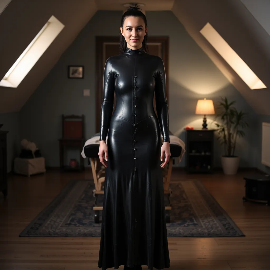 Realistic HDR noisy picture of a 45 year old woman, full goth makeup, bimbo, she looks hot and confident with a subtle smile, bimbo, tied hair, she is wearing a super tight rubber turtleneck maxi dress with buttons on the front and long sleeves, she is sta...