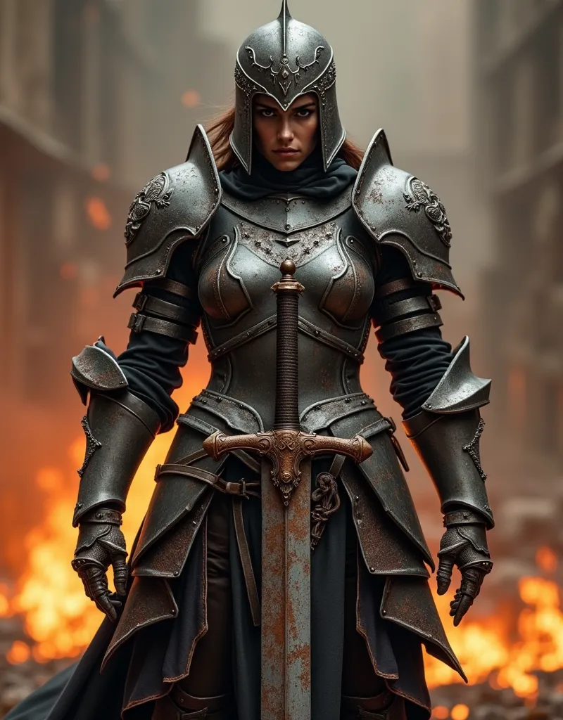 A sexy female warrior in a detailed, dark, and weathered medieval armor stands in a battle-ready pose. She wears a helmet with intricate designs and a skull motif on the shoulder piece. Her armor is tarnished and shows signs of wear, giving it a realistic,...