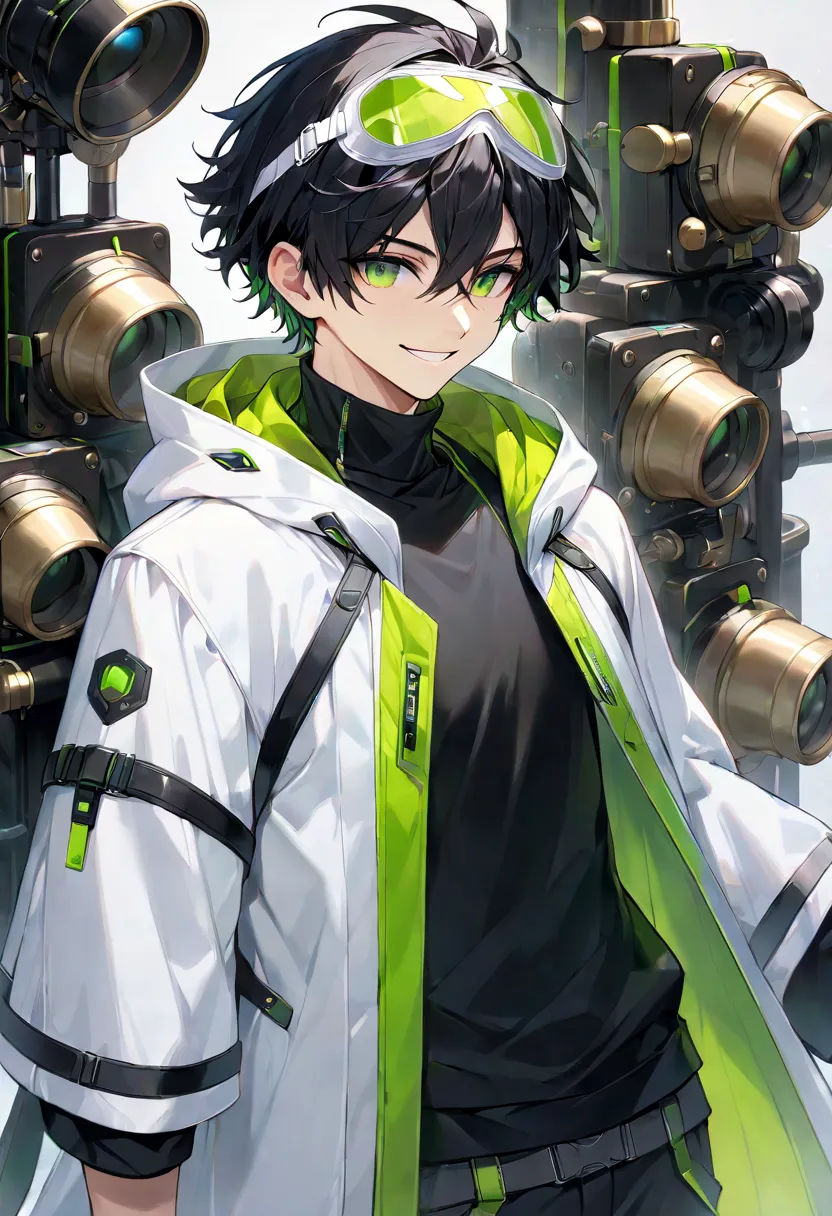 Techwear,, ultra    Thorough,   masterpiece,   top quality, Midea,    Thorough,, ultra    Thorough,   masterpiece,   top quality,  alone, smile, {{{{{{one boy,   green eyes,    short hair,         black hair, bungs,  çµç¹     ,  hortabla, ( head goggles:1....