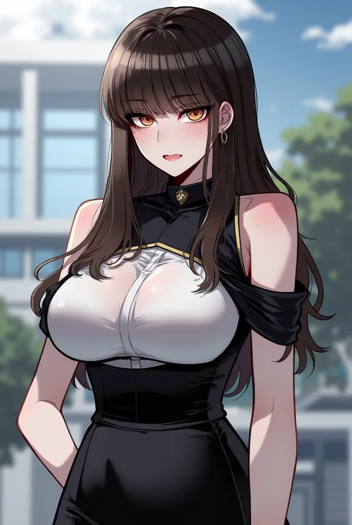 Create me an image in the Korean manwha fanart anime style with a 20-year-old woman with dark eyes and a lot of rebellious long brown hair with bangs with a serious expression with a very voluptuous body with big breasts,  with an elegant fitted black and ...