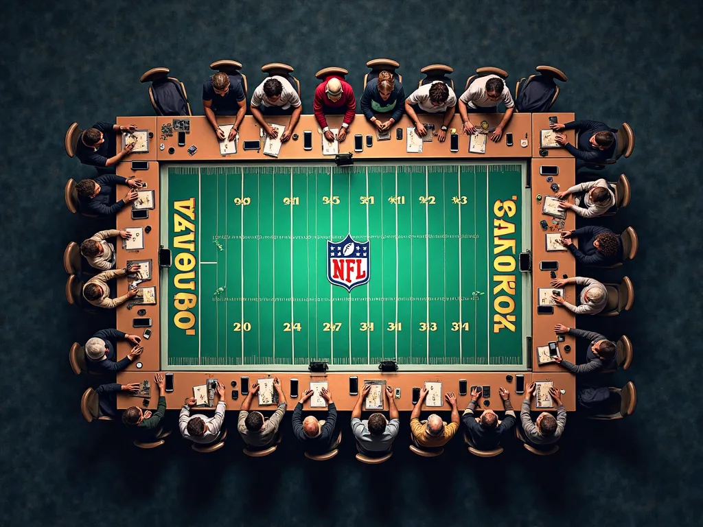 create an aerial image with hundreds of people distributed over several meeting tables, using your cell phones, And that portrays the biggest fantasy NFL competition in the world, with the name: FWL , With details that refer to the NFL