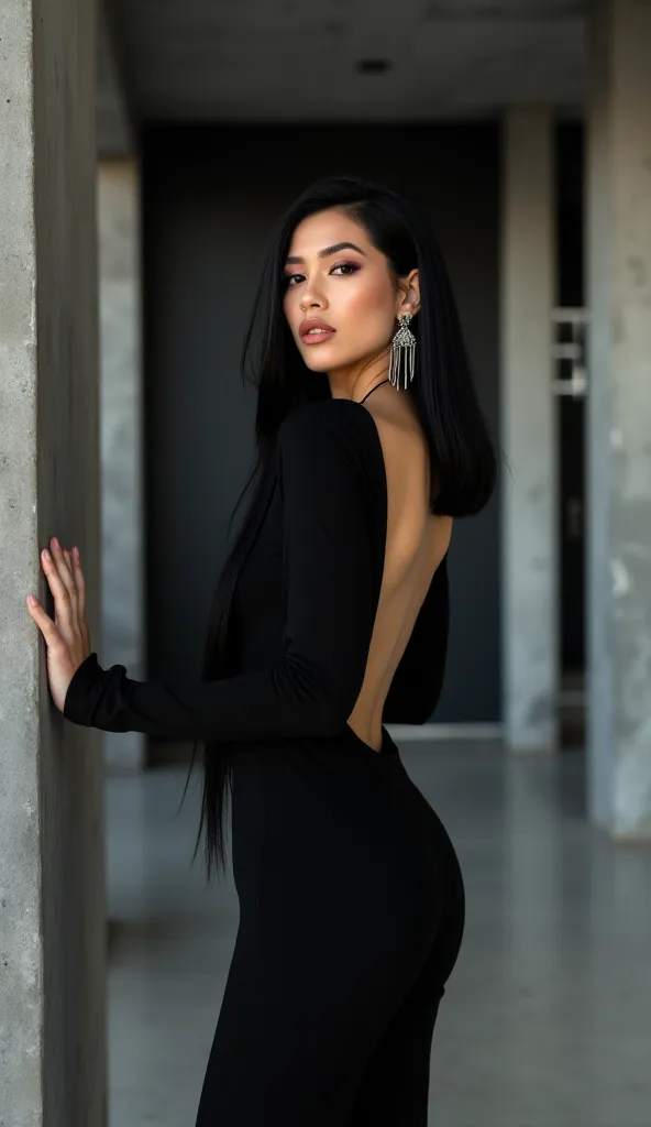 a woman posing elegantly in a sophisticated and minimalist environment. She has straight, dark black hair, extra long hair, she has a square face • Her face features sophisticated makeup, highlighting well-defined eyes, well-defined eyebrows and lips with ...