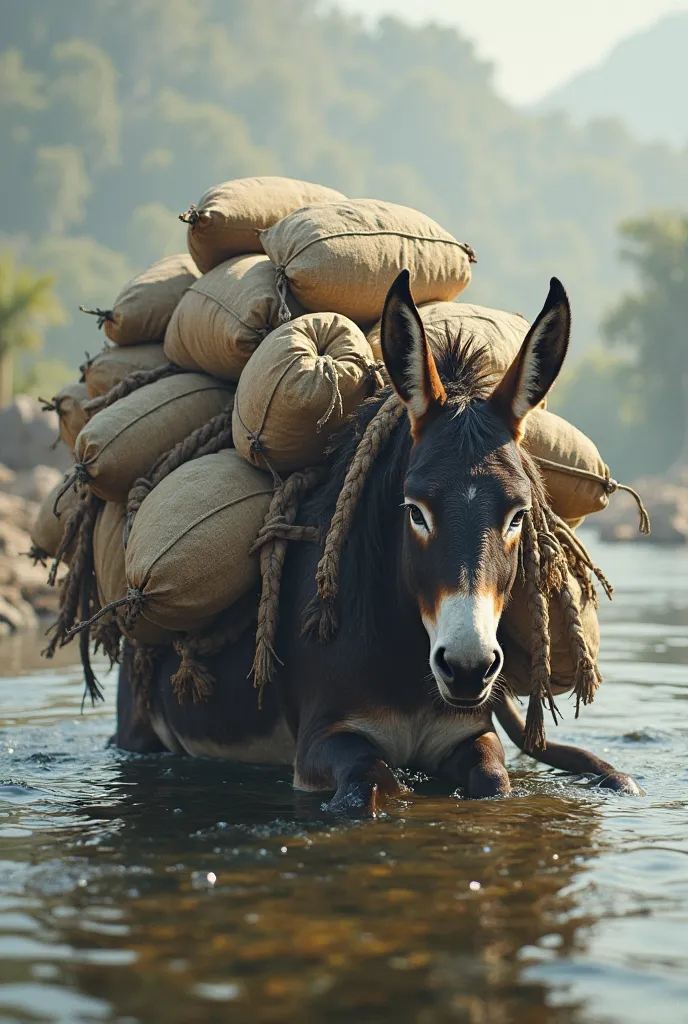 There are many sacks on the donkey's back and the donkey is sitting with a lot of water inside