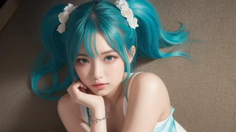 1 girl,change,(best quality,Absolute Determination,Super Detail,masterpiece),(photoreal),8k,(detailed face),  delicate and realistic touch ,(shining eyes),Hatsune Miku,light blue hair tied at the top,Twin Tails,very long hair,hair accessories, hairpins,hai...