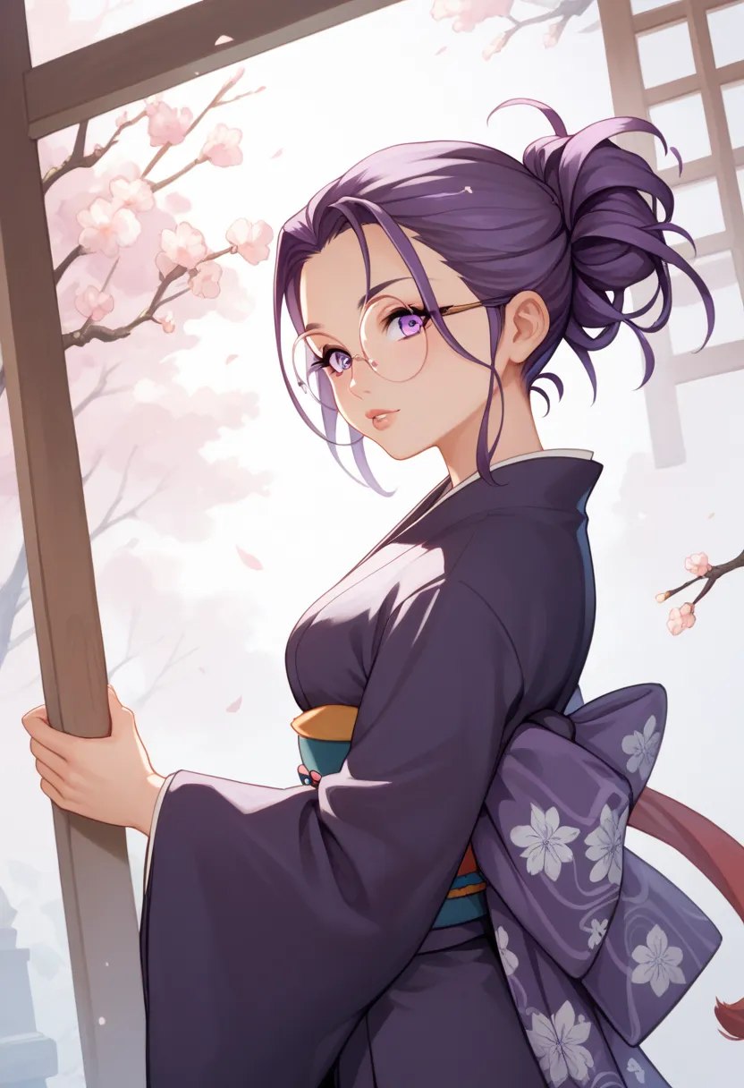 Looks sickly girl,Japanese nobility,1940s,raven hair,light purple eyes.kimono,Wearing round glasses,standing